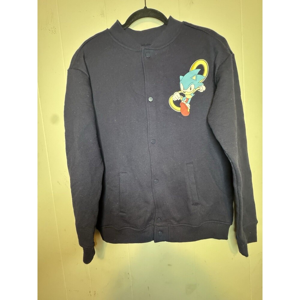 Sonic The Hedgehog Men's XL Navy Fleece Graphic Snap Button Crew Neck Sweatshirt